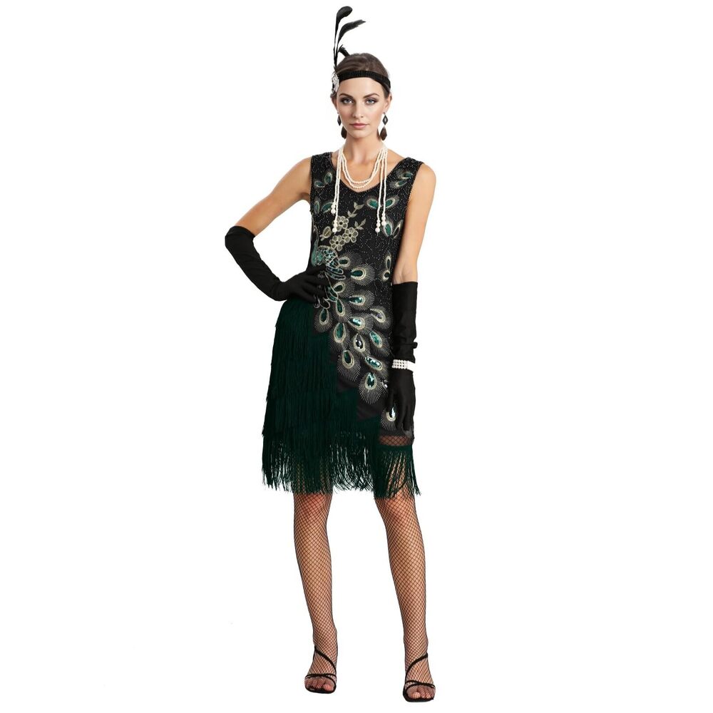 2457 1920s Peacock Sequined Tassel Flapper Party Dresses W/ 20s - Picture 2 of 4